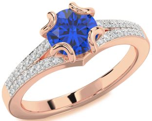 Diamond Blue Sapphire Rose Gold Round Solitaire Pave Engagement Ring