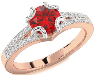 Diamond Ruby White Rose Gold Round Solitaire Pave Engagement Ring