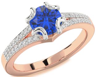 Diamond Blue Sapphire White Rose Gold Round Solitaire Pave Engagement Ring