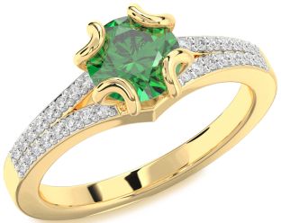 Diamond Emerald Gold Round Solitaire Pave Engagement Ring