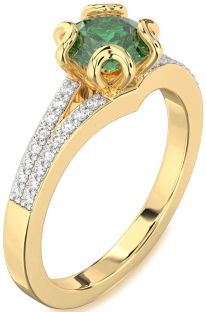 Diamond Emerald Gold Round Solitaire Pave Engagement Ring