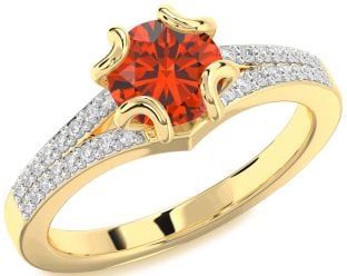 Diamond Fire Opal Gold Round Solitaire Pave Engagement Ring
