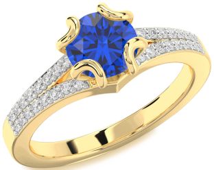 Diamond Blue Sapphire Gold Round Solitaire Pave Engagement Ring