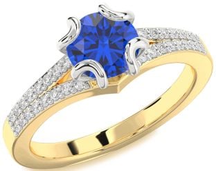 Diamond Blue Sapphire Gold Silver Round Solitaire Pave Engagement Ring