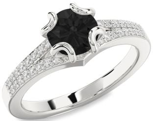Black Diamond Silver Round Solitaire Pave Engagement Ring