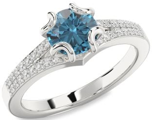 Blue Diamond Silver Round Solitaire Pave Engagement Ring