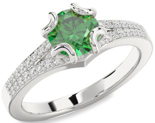 Diamond Emerald Platinum Round Solitaire Pave Engagement Ring