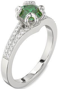 Diamond Emerald Platinum Round Solitaire Pave Engagement Ring
