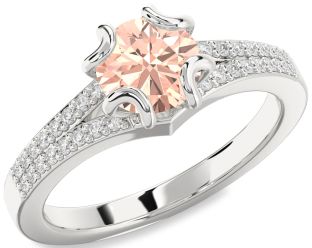 Diamond Morganite Silver Round Solitaire Pave Engagement Ring