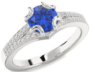 Diamond Blue Sapphire Platinum Round Solitaire Pave Engagement Ring