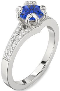 Diamond Blue Sapphire Silver Round Solitaire Pave Engagement Ring