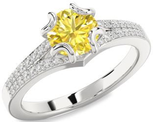 Yellow Diamond Silver Round Solitaire Pave Engagement Ring
