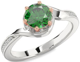 Diamond Emerald Silver & 10K Rose Gold Round Solitaire Engagement Ring