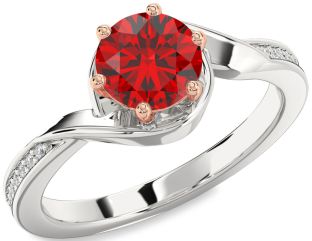 Diamond Ruby Silver & 10K Rose Gold Round Solitaire Engagement Ring