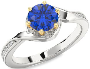 Diamond Blue Sapphire Silver & 10K gold Round Solitaire Engagement Ring