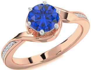 Diamond Blue Sapphire White Rose Gold Round Solitaire Engagement Ring
