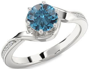 Blue Diamond Silver Round Solitaire Engagement Ring