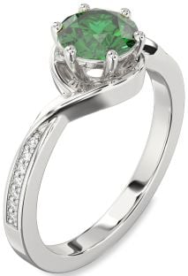 Diamond Emerald Platinum Round Solitaire Engagement Ring