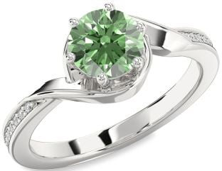 Green Diamond Silver Round Solitaire Engagement Ring