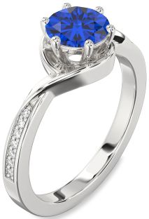 Diamond Blue Sapphire Silver Round Solitaire Engagement Ring