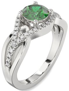 Diamond Emerald Platinum Round Solitaire Engagement Ring