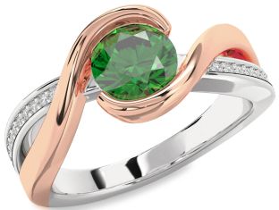 Diamond Emerald Silver & 10K Rose Gold Round Solitaire Engagement Ring