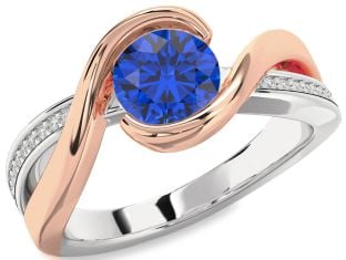Diamond Blue Sapphire Silver & 10K Rose Gold Round Solitaire Engagement Ring