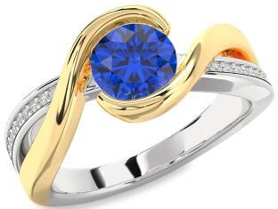 Diamond Blue Sapphire White Yellow Gold Round Solitaire Engagement Ring