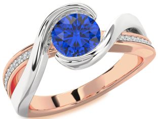 Diamond Blue Sapphire White Rose Gold Round Solitaire Engagement Ring