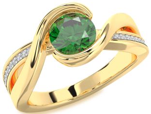 Diamond Emerald Gold Round Solitaire Engagement Ring