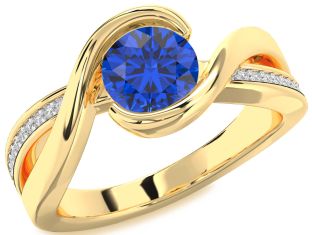 Diamond Blue Sapphire Gold Round Solitaire Engagement Ring
