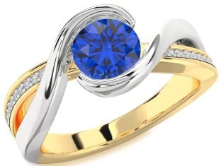 Diamond Blue Sapphire White Yellow Gold Round Solitaire Engagement Ring