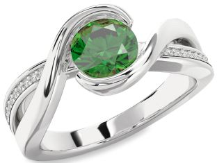 Diamond Emerald Platinum Round Solitaire Engagement Ring