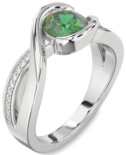 Diamond Emerald Platinum Round Solitaire Engagement Ring