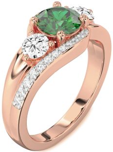 Diamond Emerald Rose Gold Round Three Stone Engagement Ring