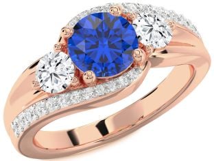 Diamond Blue Sapphire Rose Gold Round Three Stone Engagement Ring