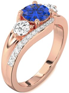 Diamond Blue Sapphire Rose Gold Round Three Stone Engagement Ring