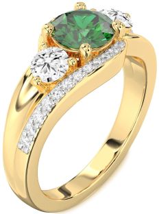 Diamond Emerald Gold Round Three Stone Engagement Ring