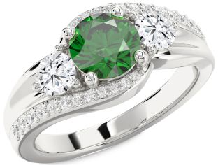 Diamond Emerald Platinum Round Solitaire Engagement Ring
