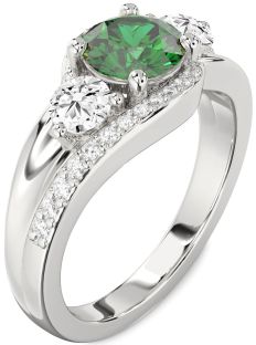 Diamond Emerald Platinum Round Three Stone Engagement Ring