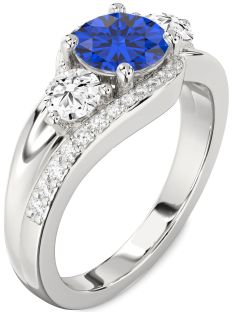 Diamond Blue Sapphire Platinum Round Three Stone Engagement Ring