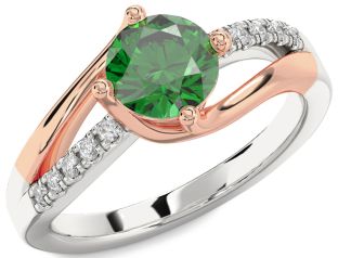 Diamond Emerald Silver & 10K Rose Gold Round Solitaire Engagement Ring