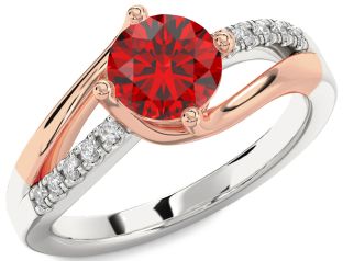 Diamond Ruby Silver & 10K Rose Gold Round Solitaire Engagement Ring