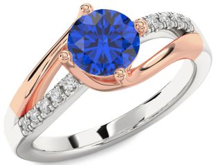Diamond Blue Sapphire Silver & 10K Rose Gold Round Solitaire Engagement Ring
