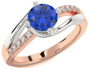 Diamond Blue Sapphire White Rose Gold Round Solitaire Engagement Ring