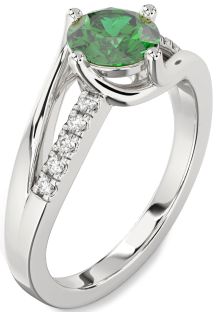 Diamond Emerald Platinum Round Solitaire Engagement Ring
