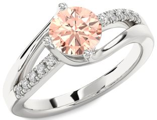 Diamond Morganite Silver Round Solitaire Engagement Ring