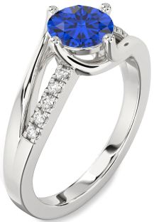 Diamond Blue Sapphire Silver Round Solitaire Engagement Ring
