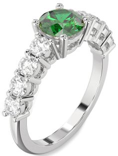 Diamond Emerald Platinum Round Engagement Ring