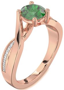 Diamond Emerald Rose Gold Round Solitaire Engagement Ring